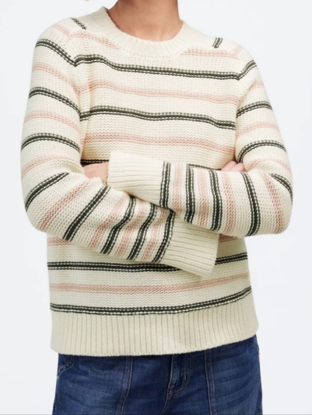 Madewell Textured Cotton Crewneck Sweater Large Dark Loden Stripe Pink Gray Knit